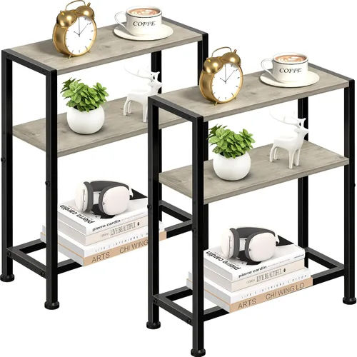 Miniatura 19 de Mesa auxiliar estrecha para espacios pequeños, mesa auxiliar pequeña de 2 niveles con soporte para estantes, mesita de noche delgada, mesa de sofá