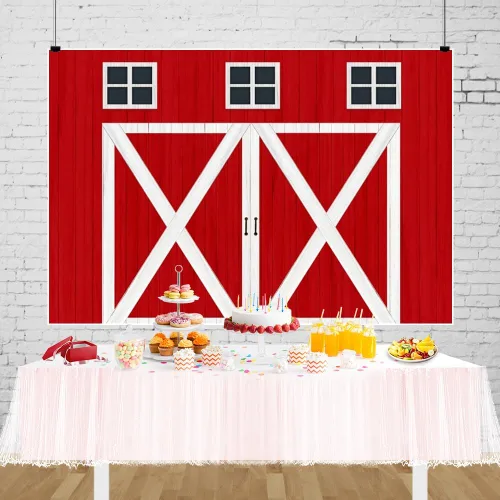 Miniatura 5 de Telón de fondo rojo para puerta de granero para vaquero, suministros de fiesta de cumpleaños, granja occidental, regalos de amigos, Acción