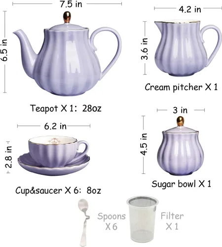 Miniatura 3 de Juego de té de porcelana de la serie British Royal, tazas y platillo de 8 onzas para 6, con tetera, azucarero, jarra de crema, cucharaditas y Púrpura