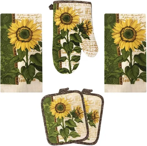 Set de 5 piezas de toallas de cocina de lino 2 toallas 2 soportes para macetas 1 manopla para horno (Girasol 2)