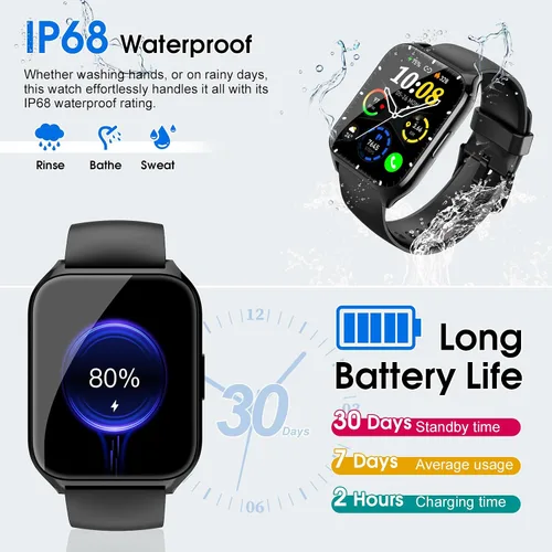 Miniatura 6 de Reloj inteligente para hombres y mujeres (respuesta/hacer llamadas), reloj de fitness HD de 1.85 pulgadas con monitor de frecuencia cardíaca y Negro