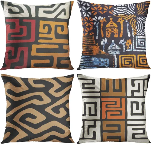 ArtSocket Juego de 4 fundas de almohada naranja tribal Kuba inspiradas en la tierra, colores geométricos, étnicos, negro, marrón, barro, africano,