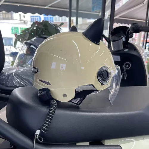 Miniatura 3 de Casco vintage para motocicleta para adultos, con visera solar, diseño retro con orejas de gato, casco de ciclomotor ligero abierto para hombres