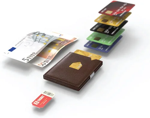 Miniatura 2 de EXENTRI Billetera Trifold de cuero - bloqueo RFID con clip de bloqueo de acero inoxidable