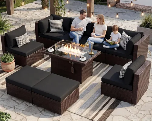 Miniatura 41 de BULEXYARD Juego de muebles de patio de respaldo alto de 7 piezas con mesa de fogata de combustible dual propano/gas natural, sofá seccional
