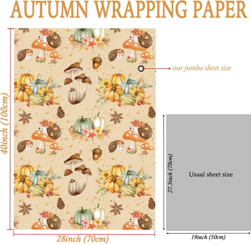 Miniatura 5 de SaringSwoon Papel de Regalo de Otoño para Niños y Adultos - Papel de Regalo de Bosque con Diseño de Erizo, Calabaza y Hongos para Otoño, Cumpleaños