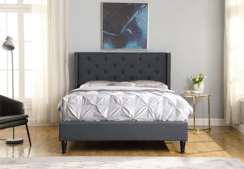 Miniatura 8 de Base de cama de plataforma tapizada completa con cabecero de 51 pulgadas de alto, cama de tela copetuda con botones, soporte de listones de madera