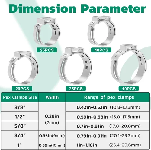 Miniatura 2 de OURU Surtido de 120 anillos de crimpado Pex, abrazaderas Pex de acero inoxidable 304 de 3/8", 1/2", 3/4", 5/8", 1" abrazaderas de manguera de oreja