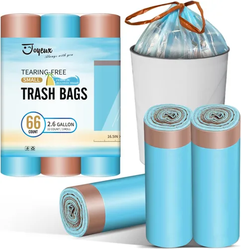 JOYEUX Bolsas de basura pequeñas de 2.6 galones, mini bolsas de basura con cordón para baño y cocina, aroma a brisa junto a la playa, 66 unidades