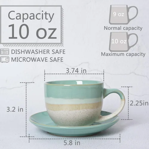 Miniatura 2 de Bosmarlin Juego de 2 Tazas de Capuchino de Cerámica con Platillo, 10 Oz, Tazas de Café para Café con Leche, Espresso, Té, Aptas para Lavavajillas