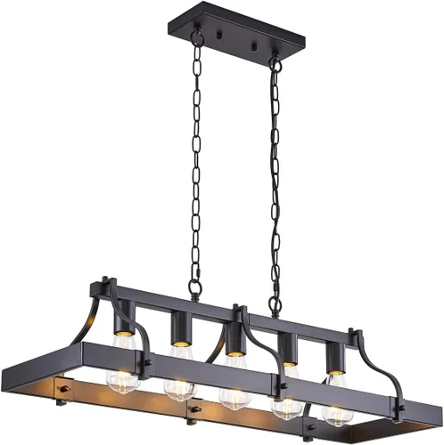 Miniatura 8 de Candelabros de granja para comedor, lámpara rústica de isla de cocina de 5 luces, techo rectangular industrial industrial negro