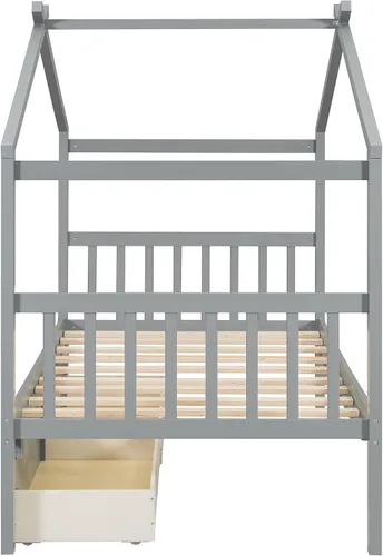Miniatura 7 de Bellemave Cama Casa Tamaño Twin con 2 Cajones de Almacenamiento Cama Casa Montessori de Madera para Niños Marco de Cama de Madera Casa de Juegos Gris