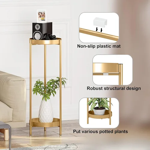 Miniatura 2 de Soporte alto de metal dorado para plantas para interiores o exteriores, estante esquinero moderno de 30 pulgadas y 2 niveles con 2 estantes