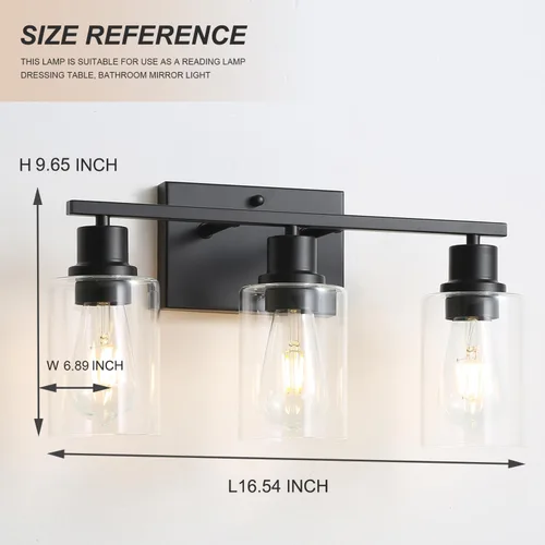 Miniatura 2 de Lámparas de tocador de baño de 3 luces, apliques de pared negro mate con pantallas de vidrio transparente, iluminación de pared moderna de granja