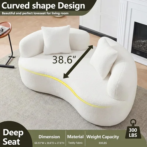 Miniatura 3 de Sofá biplaza curvo de 67 pulgadas para sala de estar, sofá biplaza de asiento profundo con 2 almohadas decorativas, sofá biplaza moderno con tela