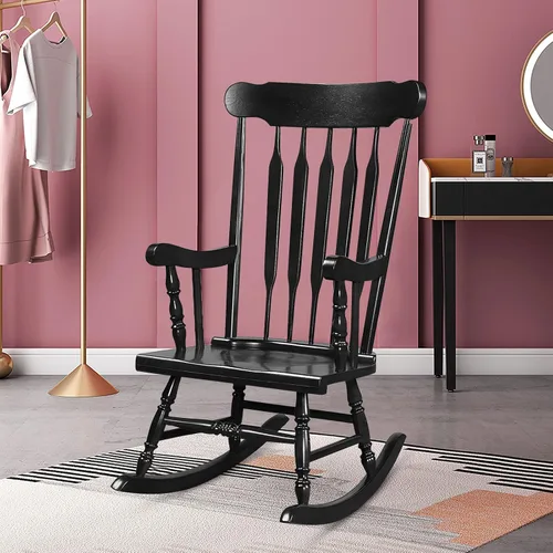 Miniatura 5 de Tangkula Silla mecedora de patio de madera de goma sólida, silla mecedora de porche exterior con marco de madera de goma, silla mecedora de madera