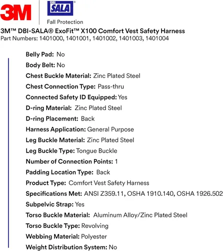 Miniatura 3 de 3M DBI-SALA ExoFit X100 - Arnés de seguridad para chaleco cómodo, protección contra caídas, OSHA, ANSI, uso general, 1 anillo en D, hebilla