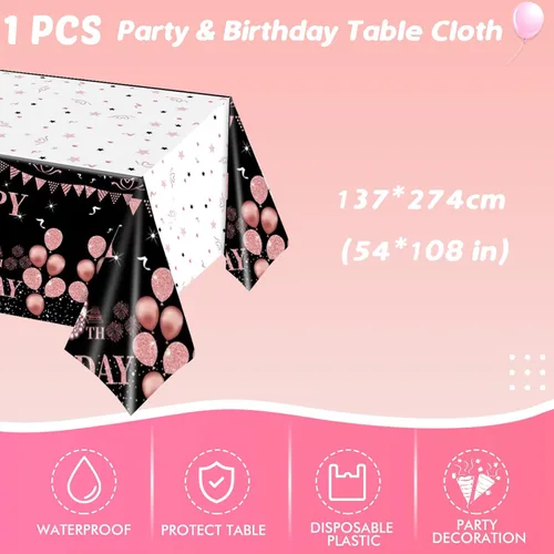 Miniatura 5 de Ryzovo - Decoraciones de cumpleaños 50 para mujer, platos de papel desechables negro y oro rosa, suministros de fiesta para 20 invitados, 41 piezas