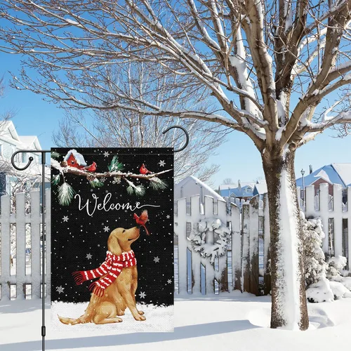 Miniatura 2 de Bandera de jardín de bienvenida de invierno de 12 x 18 pulgadas de arpillera de doble cara, pancarta de patio con perro Golden Retriever y cardenal