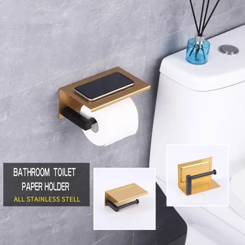 Miniatura 2 de GERZWY Soporte de papel higiénico de baño con estante Soporte de rollo de papel de papel de acero inoxidable Soporte de pared (negro y dorado)