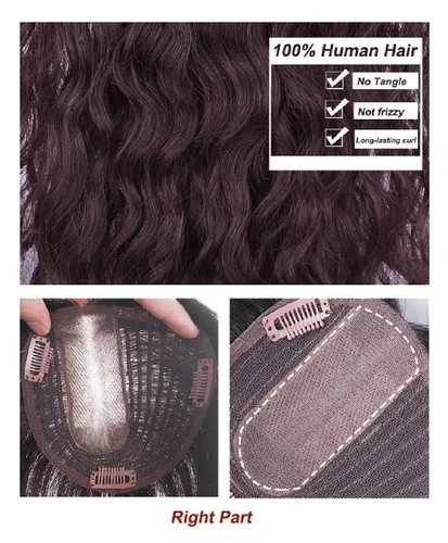 Miniatura 6 de Peluca de cabello humano rizado natural para mujer, con clip, 5.1 x 5.5 in, parte superior plateada, parte derecha para cubrir la pérdida de Marrón