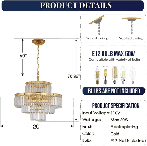 Miniatura 5 de Lámpara de araña moderna de cristal, lámpara de techo colgante de 4 niveles, accesorio de iluminación para comedor, sala de estar, vestíbulo, Dorado