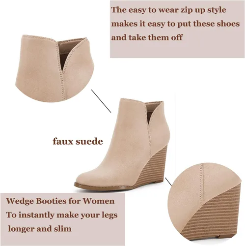 Miniatura 4 de LAICIGO Botines de cuña con corte en V para mujer, con cremallera, puntera cerrada, tacón apilado, botas de invierno de gamuza sintética
