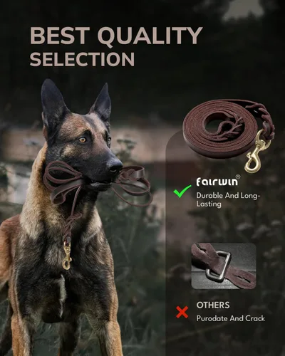 Miniatura 5 de Correa para perro Fairwin fabricada con cuero trenzado de 6 pies - Correa de entrenamiento para perros de grado militar resistente para perros Marrón
