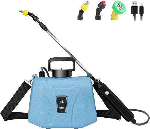 SZHLUX Pulverizador a batería de 1.35 galones, pulverizador eléctrico mejorado con mango USB, varita telescópica, 3 boquillas de niebla y correa de