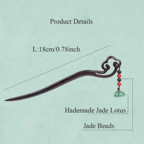 Miniatura 5 de Horquilla de madera de jade chino retro hecha a mano clásica verde loto palillos de pelo tocado borla palillos para el pelo largo fiesta diario