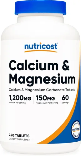 Nutricost Carbonato de calcio y magnesio 240 tabletas, 1200 mg de Ca y 150 mg de mg por porción, 60 porciones, sin gluten, sin OMG