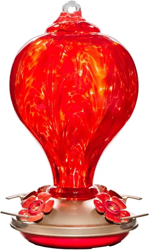 Miniatura 9 de Comederos para colibríes para exteriores colgantes, comedero para colibríes de vidrio soplado a mano de 32 oz para exteriores, 4 perchas con foso