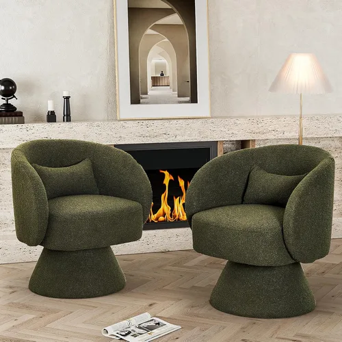Miniatura 9 de Juego de 2 sillas giratorias de barril, sillas decorativas giratorias tapizadas para sala de estar, cómodo sillón redondo pequeño y moderno de 360