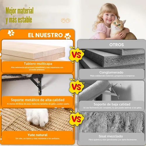 Miniatura 5 de Estantes de pared 5 en 1 para gatos de interior, muebles de gato montados en la pared con cama, cueva, poste rascador y perca, pared de escalada