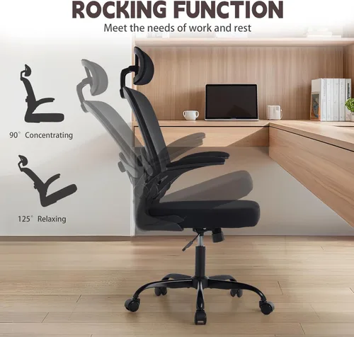 Miniatura 6 de Silla de oficina ergonómica con soporte lumbar ajustable 3D, respaldo alto de malla, reposacabezas giratorio de 75°, función mecedora, capacidad