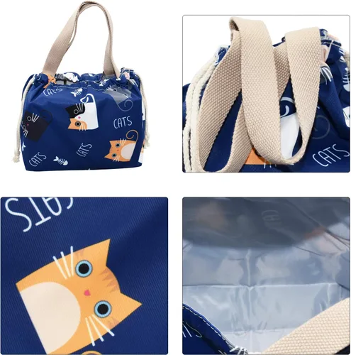 Miniatura 4 de Mini Bolsa Tote de Almuerzo Reutilizable Pequeña Linda con Cordón Adecuada para Niñas Mujeres Gato Azul