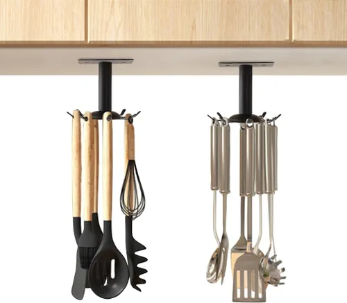 Aosome Soporte para utensilios de cocina de acero inoxidable giratorio de 360°, 8 ganchos, 2 unidades