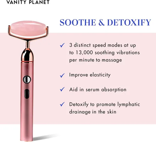 Miniatura 2 de Vanity Planet Rodillo vibrante de cuarzo rosa Rousa - Rodillo facial de piedra natural que ayuda a reducir las líneas finas y las arrugas - 13,000