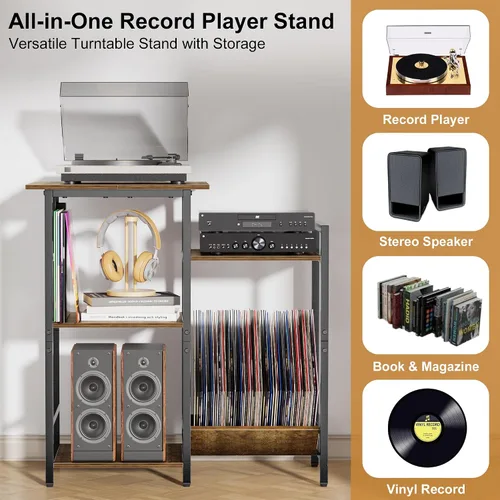 Miniatura 2 de HYPIGO Soporte para tocadiscos con tomas de corriente, soporte para tocadiscos con almacenamiento de discos de vinilo con capacidad para más de 300