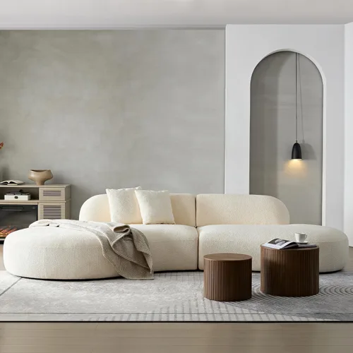 Miniatura 10 de Sofá seccional curvo de 135.4" (344 cm), sofá chaise moderno y cómodo tapizado en bouclé, sofá seccional modular de espuma viscoelástica de asiento