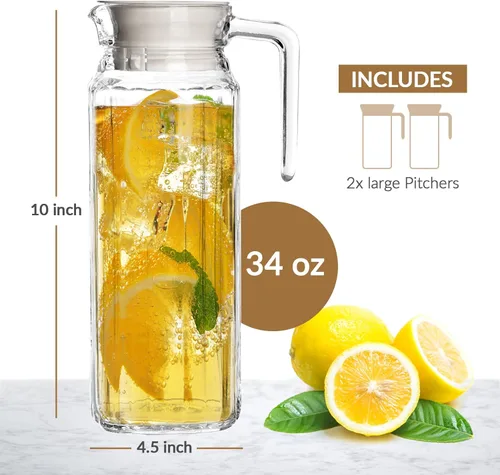 Miniatura 2 de Jarra de vidrio con tapa, juego de 2 jarras de agua de vidrio de 34 onzas, jarra de agua fría para té helado, limonada, café, elegante y moderno