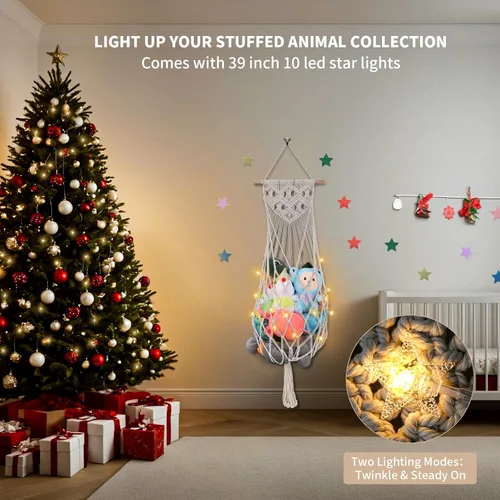 Miniatura 6 de Almacenamiento de animales de peluche jumbo de 63 pulgadas con luz LED de estrella, hamaca de juguete para colgar en la pared del techo sobre