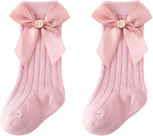 Miniatura 16 de QandSweet Calcetines altos hasta la rodilla para bebé, recién nacido, sin costuras, para niñas pequeñas, con lazo grande, de algodón
