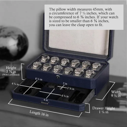 Miniatura 2 de ROTHWELL Caja de reloj de cuero con 12 ranuras con cajón de valet, organizador de exhibición de lujo de 12 ranuras, forro de microgamuza, soporte