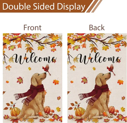 Miniatura 6 de Bandera de jardín de bienvenida de otoño de 12 x 18 pulgadas de doble cara de arpillera, banderas de patio Golden Retriever Dog Cardinal