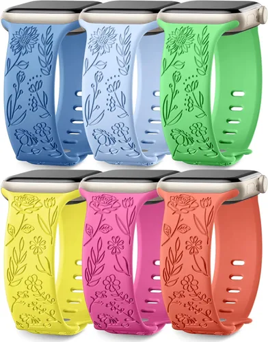 SNBLK Paquete de 6 correas florales grabadas compatibles con Apple Watch de 40mm 41mm 42mm 38mm 44mm 45mm 46mm 49mm, mujeres y hombres, correa de