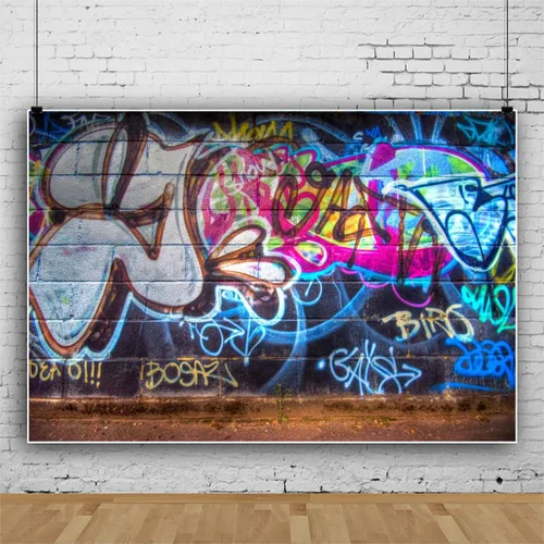 Miniatura 3 de YongFoto Telón de fondo de pared de graffiti urbano de 5 x 3 pies, dibujo a mano, pintura mural de hip hop de los años 80, fondo de fotografía