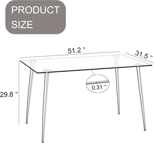 Miniatura 2 de Baysitone Mesa de comedor de cristal para 4 personas con tapa de vidrio rectangular transparente de 51 pulgadas, muebles de cocina de vidrio Negro