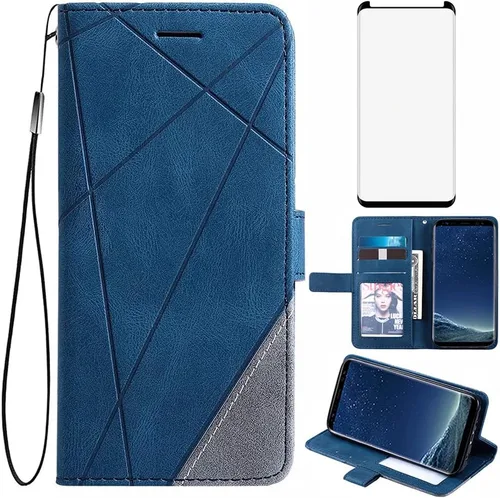 Asuwish Compatible con Samsung Galaxy S8 - Funda tipo cartera y protector de pantalla de vidrio templado, funda de cuero con tapa para tarjetero,