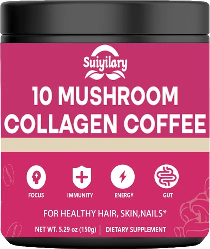 Café de hongos con colágeno, 10 extractos de hongos en polvo, mezcla de melena de león, suplementos cerebrales con café instantáneo para energía,